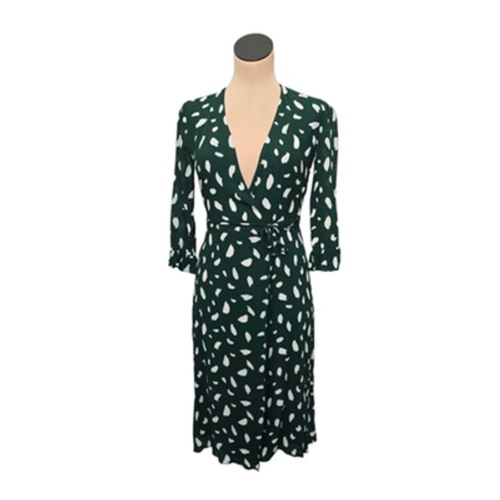 Reformation Dress Womens Small Green Wrap Midi 3/4 Sleeve‎ Tie Waist Dot Print - Picture 2 of 11